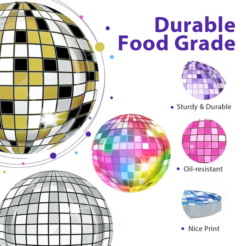 60Pcs Disco Paper Plates 7" Colorful Silver Disco Ball Heavy