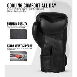 Exxact Sports Knockout Youth Boxing Gloves for Kids (3-15 Years) with Padded Protection and Wrist Support, Durable Engineered Leather Kids Boxing Gloves for Sparring (Black, 6 OZ)