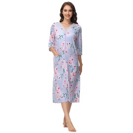 Verve Jelly Women Zipper Bathrobe 3/4 Sleeve House Dress Full Length Duster Housecoat with Pockets Purple XXL