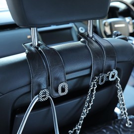 Car Headrest Hooks 2 Pack - Universal Premium Leather and Zinc Alloy - Alloy Car Seat Back Storage Hook for Purses Handbags Cloth Drink - Durable Car Accessories for Women Men (BH09-Black-Black)