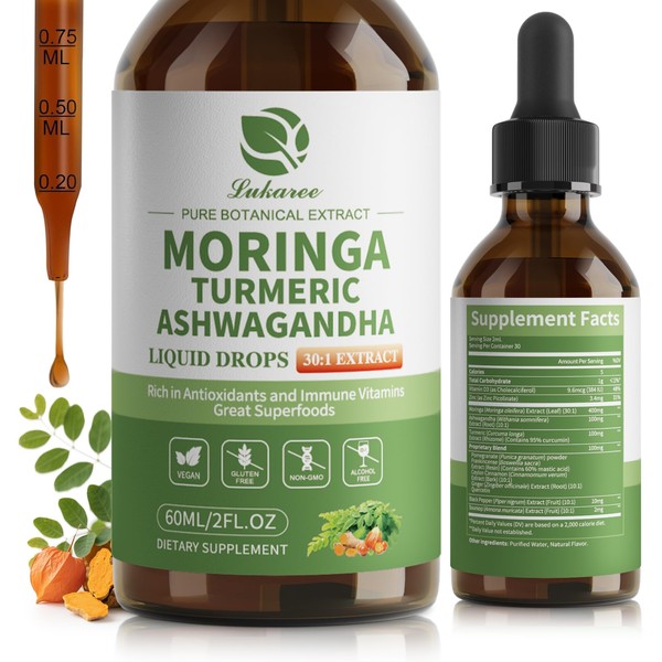 Lukaree 12-in-1 Lipsomal Moringa Leaf Drops with Ashwagandha Turmeric Quercetin,