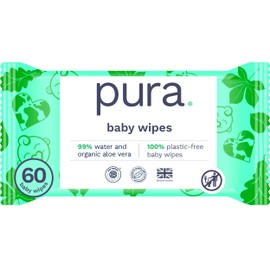 Pura Natural Sensitive Baby Wipes, 99% Water, Unscented & Hypoallergenic, Suitable for Sensitive & Eczema-prone Skin, Fragrance Free & Hypoallergenic, EWG Verified, 1 Pack of 60 Wet Wipes