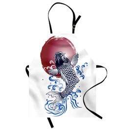 ABAKUHAUS Japanese Cooking Apron, Pack of 2, Intricate Japanese Brocaded Carp Fin with Red Circle Shape East Sea Coloured Graphic, Height Adjustable, Clear Colours, 67 cm x 80 cm, Blue Raspberry, Blue