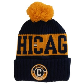 Chicago City Name Three Stripe Circular Patch Pom Beanie Winter Hat (Dark Blue/Orange)
