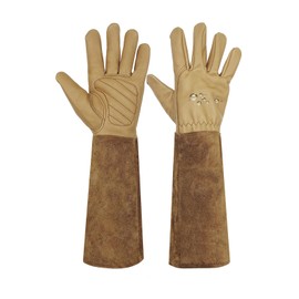 Freichaza Leather Gardening Gloves - Long Forearm Protection Gauntlet for Women/Men - Water Repellent Work Gloves - Rose Pruning Thorn & Cut Proof Gloves Light Brown Large
