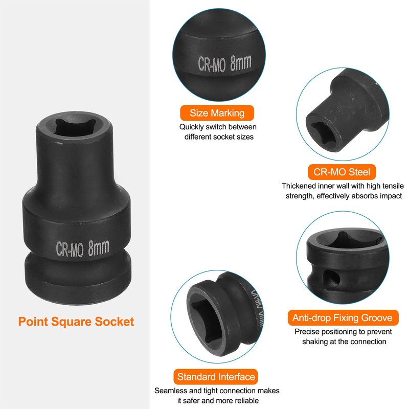 sourcing map 4 Point Square Socket 1/2" Drive 8mm Metric