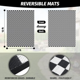 GOTGELIF Black and White Classic Checkerboard Outdoor Area Rug 9x12FT, Reversible & Water-Resistance & Portable Plastic Straw Rug for RV Trips, Picnic, Camping, Outdoor, Garden, Patio