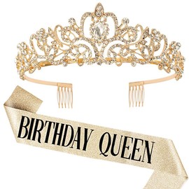 Birthday Crown Sash Set Girls Tiaras Rhinestone Princess Crown Crystal Crown with Birthday Girl Sash Birthday Queen Birthday Tiara Hair Accessories for Women Dress Up Party Gifts (Gold 1), Casual