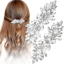 Alpinleux 2 Pcs Rhinestone Hair Clips, Fancy Flower Hair Barrettes, Silver Bridal Hair Accessories, Sparkly Crystal Hair Pins for Wedding, Party, Daily Use, Bride (Pearl+Rhinestone)