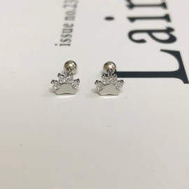 18g Mini Paw Print CZ Stud Earrings Sterling Silver Cartilage Tiny Ball Screw Back Small Studs Tragus Helix Cute Puppy Animals Dainty Sleeper Stud Earrings for Women Girls Pet Lovers (White)