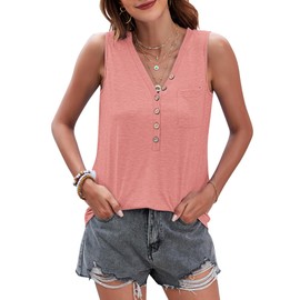 WNEEDU Summer Tank Tops for Women V Neck Tunic Tops Sleeveless Loose Fit T-Shirt with Pocket(Pink,XL)