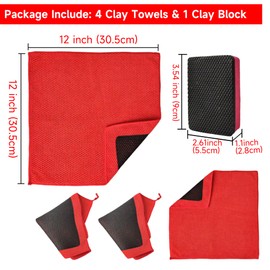 HiSnug Upgrade Clay Towels and Pad Set 5PCS - Perforated Synthetic Decontamination Towel for Car Detailing, Cleaning & Release of Paint Contaminants, 4pcs Clay Bar Towels 12x12 Red, & 1pcs Red Pad