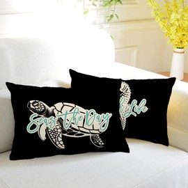 7COLORROOM 2Pack Ocean Theme Decor Throw Pillow Cover Black Double-Sided Printed Sea Turtle Seahorse Rectangular/Waist Cushion Cover Summer Coastal Beach Home Decor Pillowcases 12”×20”(Black)