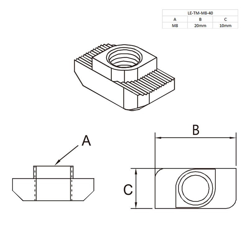 Hammer Nut Slot Nut M8 Slot 8 for Aluminium Profile