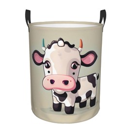 Cute White Cow Print Circular Protable Storage Bin Organizer Round Basket For Laundry Hamper With Handles