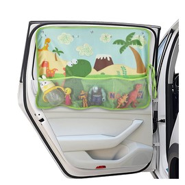Car Window Shade for Baby, Blackout Car Window Curtain with Storage Pockets & 7 Suction Cups, Cartoon Pattern Car Side Window Sun Shade Cover for Sun/Heat/UV Rays Protection (Green-Dinosaurs)