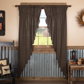 VHC Brands Kettle Grove Window Curtains, Plaid Prairie Long Panel Scalloped Set of 2 84x36x18