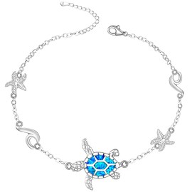 Talonior Turtle Anklet Blue Opal Sea Turtle Ankle Bracelets for Women Sterling Silver Cute Wave Starfish Ocean Anklets Jewelry Charms Holiday Summer Gifts