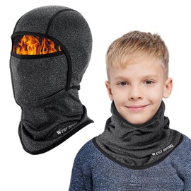 AYPOW Kids Balaclava Warm Multifunctional Windproof Fleece Ski Mask Cycling Face Mask Under Helmet Balaclava Hat with Neck Warmer for Boys Girls 4-12 Winter Outdoor Sports, Black-GreyA
