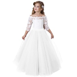 Flower Girl Dress Kids Lace Pageant Party Christmas Ball Gown Dresses (Size 8, White)