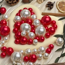 Maiangel 120 Pieces Vase Filler Faux Pearls Vase Makeup Beads No Hole,Gloss Pearl Beads Mixed Sizes Vase Centerpiece for Table Scatters,Home Décor,Wedding, Party,Event Décor 14/20/30mm(Ivory/red)