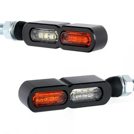 Micro Mini Turn Signal Front LED Light with Daylight for Motorcycles, Black Body, Orange Lens, Clear Lens, Universal, Aluminum, Small, Set of 2