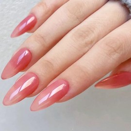 GLAMERMAID Pure Coral Pink Press on Nails Medium Almond, Nude Neutral Handmade Jelly Sofy Gel Glue on Nails Stiletto, Glossy Fake Nails Short Oval，Reusable Acrylic Stick on False Nail Kits for Women