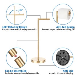 RFOUO Brushed Gold Toilet Paper Holder Stand 1 pc, Free Standing Toilet Paper Holder Stand,Bathroom Toilet Paper Storage with 2.7 Pounds Heavy Base for 4+1 Rolls,Toilet Tissue Holder,Toilet Roll Stand