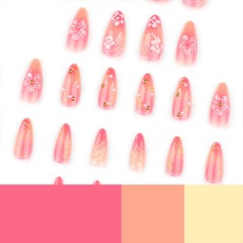 Autumn Flower Press on Nails Medium Almond Fake Nails with Gem Rhinestones Design Gold Line Glue on Nail Nude Pink Acrylic Nails Full Cover Ripple False Nail for Women Manicure Decorations 24Pcs