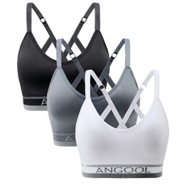 ANGOOL Sports Bras Women Padded Seamless Yoga Bra Wireless Adjustable Straps Longline Running Gym Training Bra, Black+Grey+White, L