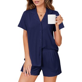 Ekouaer Pajamas Set for Women Classic Short Sleeve PJ Sets Button Down Lounge Sets Comfy Sleepwear Navy Blue XL