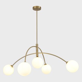 Flyrose Mid Century Modern Milk Glass Chandelier 5-Lights Gold White Globe Pendant Light Brushed Brass Sputnik Flush Mount Chandelier Nordic Dining Room Ceiling Light Fixture