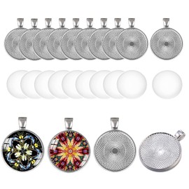 HERZWILD Round Bezel Pendant Trays, Alloy Blank Bezel Pendant Trays Diameter with Transparent Glass (White K)