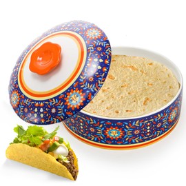 WRINGKIT Ceramic Tortilla Warmer, 8.5 Inch Tortilla Holder with Lid, Tortilla Pancake Keeper Storage Container for Flour Taco, Chapati, Roti Bread, Microwave Dishwasher Safe