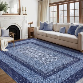 RUGSREAL 9x12 Living Room Area Rug - Large Washable Non Slip Boho Accent Carpet - Braided Print Indoor Throw Floor Cover - Farmhouse Rustic Bohemian Border for Bedroom Home Decor, Navy