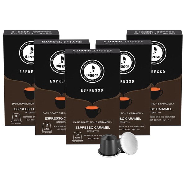 BIGGER Cápsulas de café espresso tostado oscuro de color caramelo espresso compatibles con la máquina original Nespresso, cápsulas de café expreso de sabor rico y caramelo, intensidad 11, 50 unidades