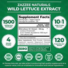 Zazzee Extra Strength Wild Lettuce 10:1 Extract, 1500 mg Strength, 120 Vegan Capsules, Potent Lactuca Virosa Variety, Concentrated 10X Extract, 100% Vegetarian, All-Natural, Non-GMO, Made in The USA