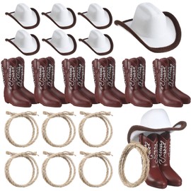 DoubleFill 18 Pcs Western Party Centerpieces for Table 6 Mini Cowboy Rodeo Hats 6 Small Cowboy Boot Decoration 6 Twisted Hemp Rope for Western Wedding Birthday Party Vintage Table Centerpieces Decor