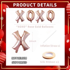 16 Inches XOXO Balloons Hanging Banner Decorations, Rose Gold Aluminum Foil Letter Balloons for Valentines Day, Anniversary, Wedding, Engagement, Proposal, Bachelorette Bridal Shower Party Supplies