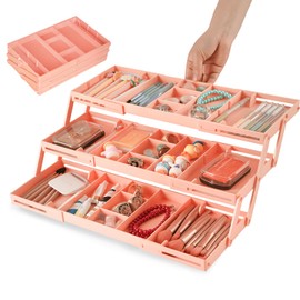 Lucasden 3 Tier Drawer Organizer - Expandable Junk Drawer Organizer Smart Office Supply Organizer, Folding Storage Multi-level Desk Organizer for Makeup,Jewelry,Kitchen Storage (1 Row 3 Tier, Pink)