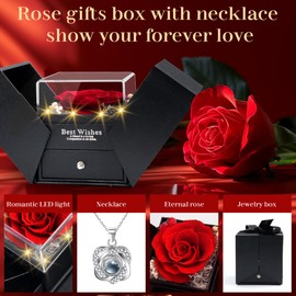 I Love You Necklace 100 Languages, Preserved Rose with Necklace, 925 Sterling Silver Rose Necklace for Women Mom Wife Girlfriend with Box on Wedding Anniversary Valentines Day Mother’s Day