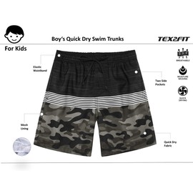 TEX2FIT Boy's Quick Dry Swim Trunks for 7-14yrs, Breathable Swim Shorts with Mesh Lining and Pockets, 2-Pack (Camo/Navy Camo Stripes, Large (12))