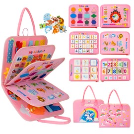 AIXMEET Toddler Montessori Toys, Sensory Busy Book, Busy Board for Toddlers 1234 Years Old, Preschool Learning Activities with Life, Shape, Color, Animal, Weather, 8 Pages (Pink)