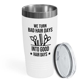 Flairy Land Hair Stylist White Edition Ringneck Tumbler 20oz - Bad Hair to Good Hair - Hair Stylist Gift Beautician Hairdresser Salon Barber Hairdo Cosmetoloist Scissors Blower