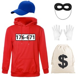 Alaiyaky Alaiyaky Herren Bankräuber Kostüm, Gangster Panzerknacker Kostüm Karneval Fasching Outfit mit Kapuzenpullover Maske Handschuhe, T-Shirt Herren Banditen Kostüm Fasching & Karneval (Stil B, S)