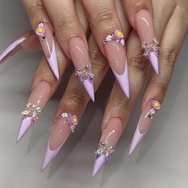 Purple French Tip Press on Nails Long Stiletto 3D Flower False Nails With Design Bowknot Glue on Glossy Artificial Acrylic Full Cover Nude Stick on for Women Manicure 24Pcs
