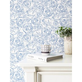 Safiyya 118'' × 17.3'' Peel and Stick Wallpaper Blue and White Contact Paper Floral Rose Wallpaper Boho Removable Wall Paper for Bedroom Vinyl Rolls