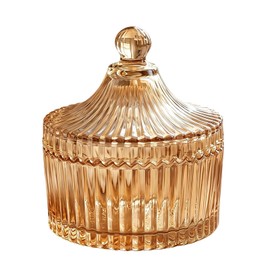 Candy Jar with Lid, Ribbed Amber Glass Tent Shape 7.4oz