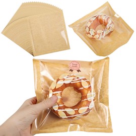 400 Pcs Heat Sealable Bakery Bags with Window 7.1 x 7.5 Inch Grease Resistant Kraft Cookie Bags Pastry Bags with Paper Stickers for Packaging Donut Bread Cookie Goods Sandwich Baked Treat (Brown)