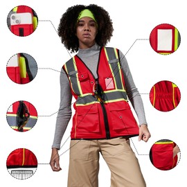 Hi-Vis Reflective Safety Vest for Women - Red Construction Vest with Pockets - High Visibility S Size Reflective Vest for Women